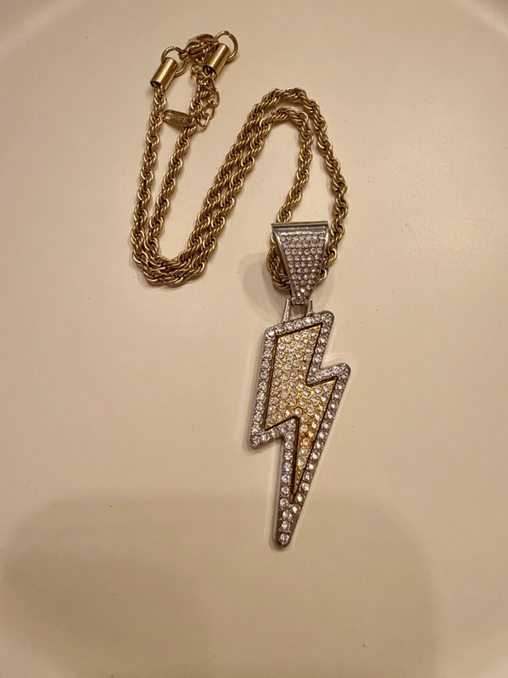 Gold Rope Chain Lightning Bolt Pendant Necklace with Crystals